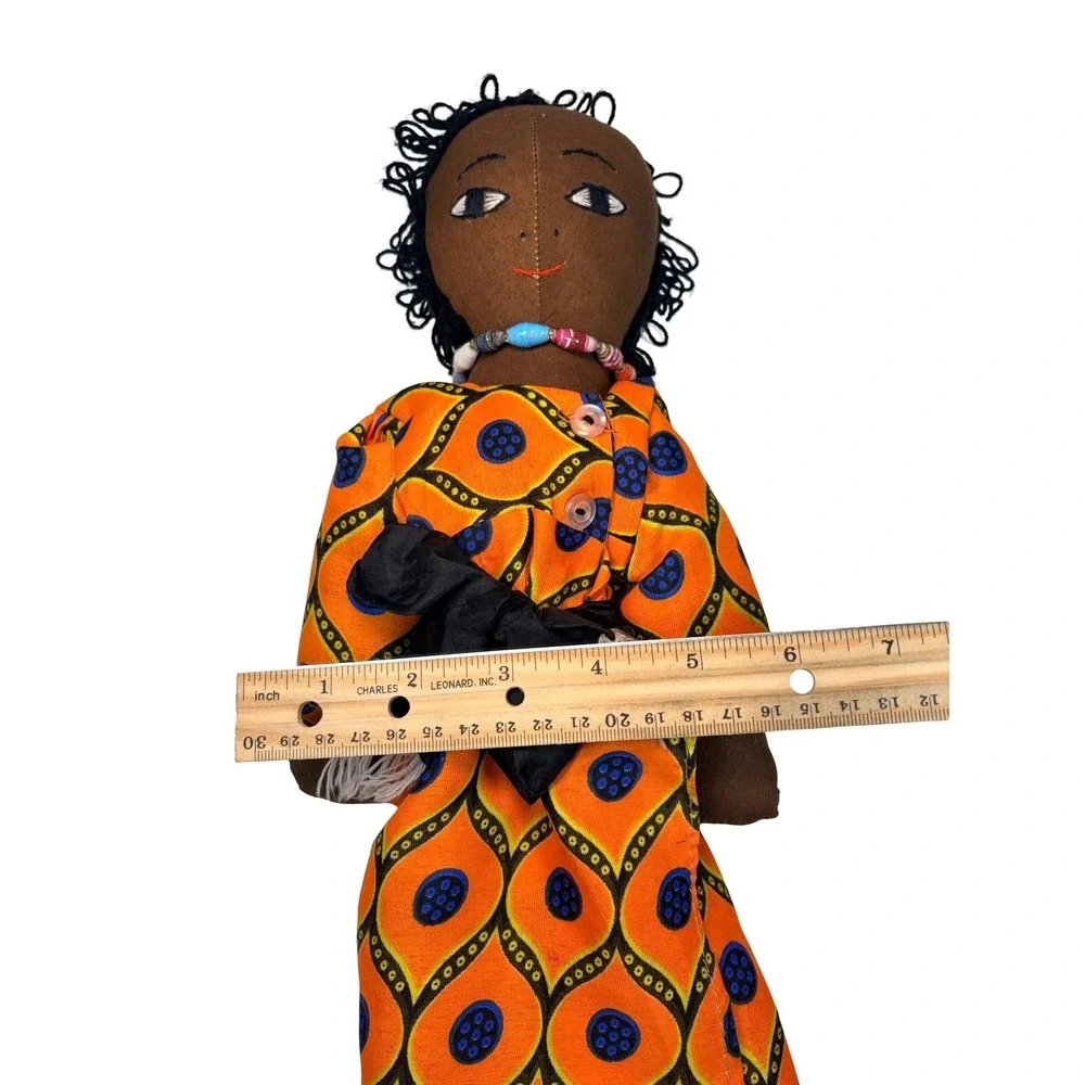 VTG Handmade African Folk Art Cloth Doll Orange Geometric Dress‎ Beaded Necklace